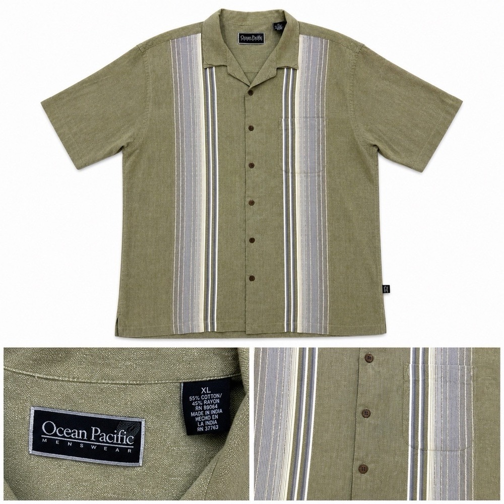 Ocean Pacific OP Shirt Mens XL Green Camp Button Up Rayon Cotton Striped Retro